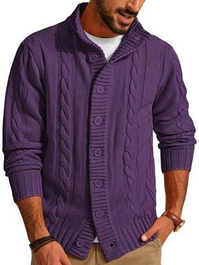 🆕Men's Deep Purple Cable Knit Cardigan Sweater Button Down Stand Collar Jacket